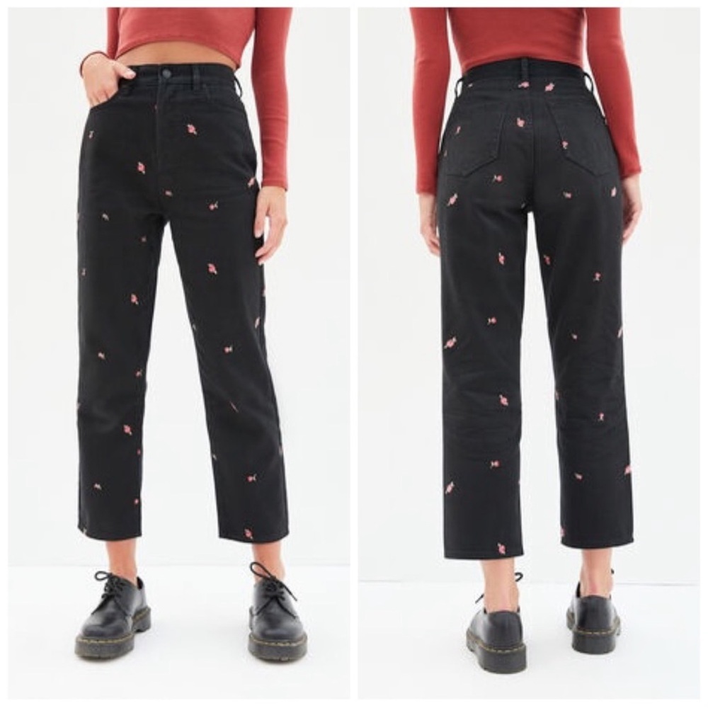 Black PacSun Embroidered Floral High-Rise Straight Denim